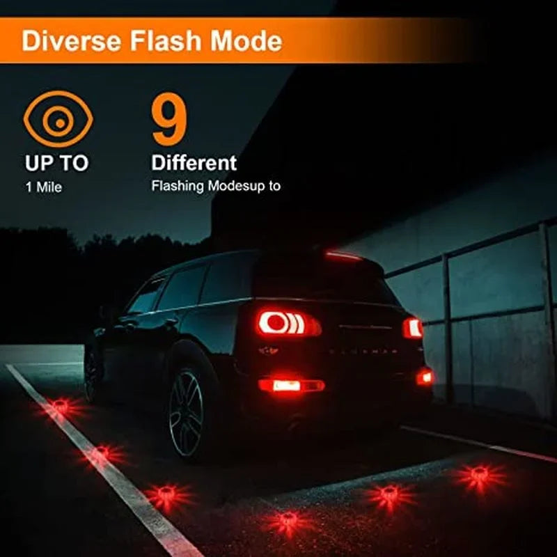 
                  
                    Emergency Magnetic LED Road Flares with diverse flash mode and visibility up to 1 mile, used at night for roadside safety.
                  
                