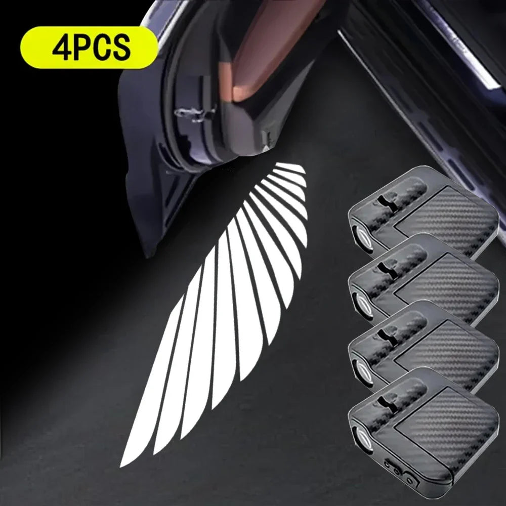 Set of 4 car door lights projecting white angel wings logo on the ground next to an open car door