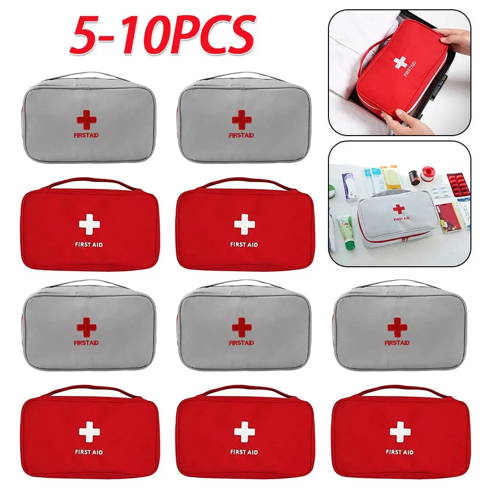 5-10pcs portable emergency medical first aid kit, waterproof 900D Oxford pouch, red and gray with handle for outdoor and home use.