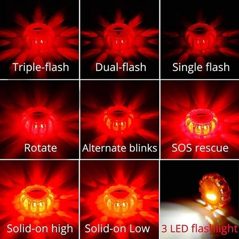 
                  
                    Emergency Magnetic LED Road Flares displaying 9 flashing modes including triple-flash, dual-flash, single flash, and SOS rescue.
                  
                