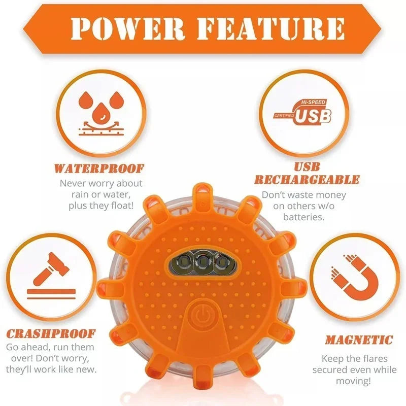 
                  
                    Emergency Magnetic LED Road Flares with waterproof, rechargeable, crashproof, and magnetic features.
                  
                