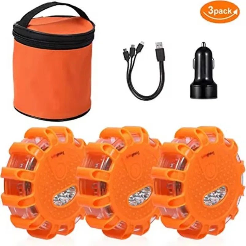 Pack of 3 Emergency Magnetic LED Road Flares with orange storage bag and charger, ideal for roadside safety.