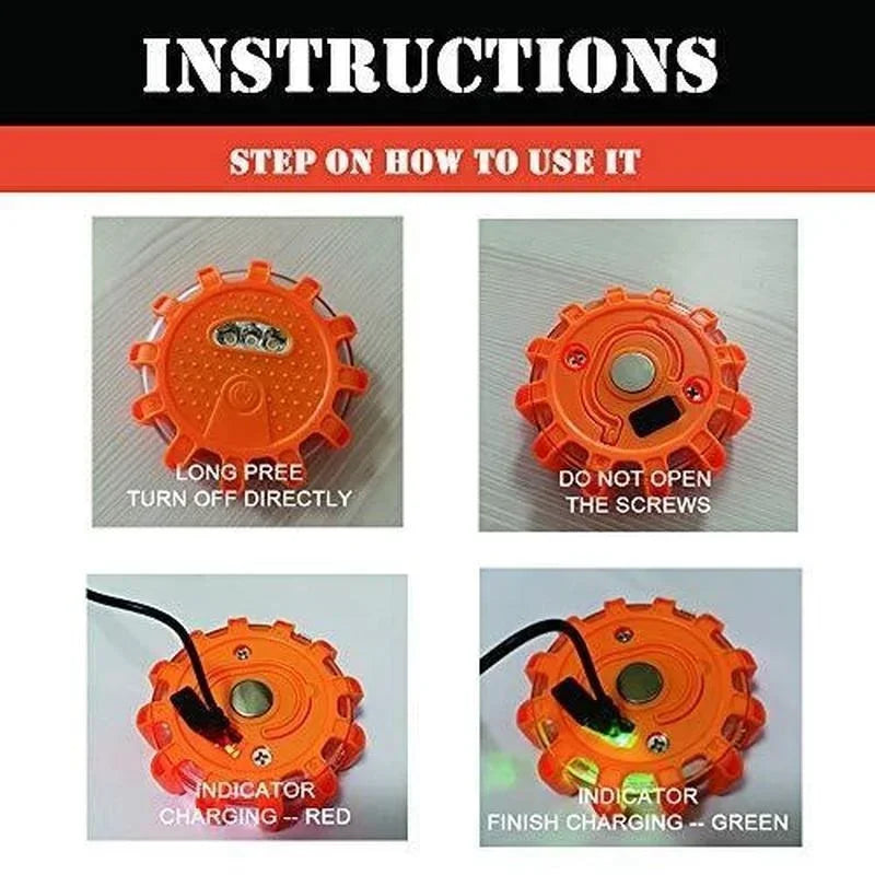 
                  
                    Emergency Magnetic LED Road Flares usage instructions with charging indicators.
                  
                