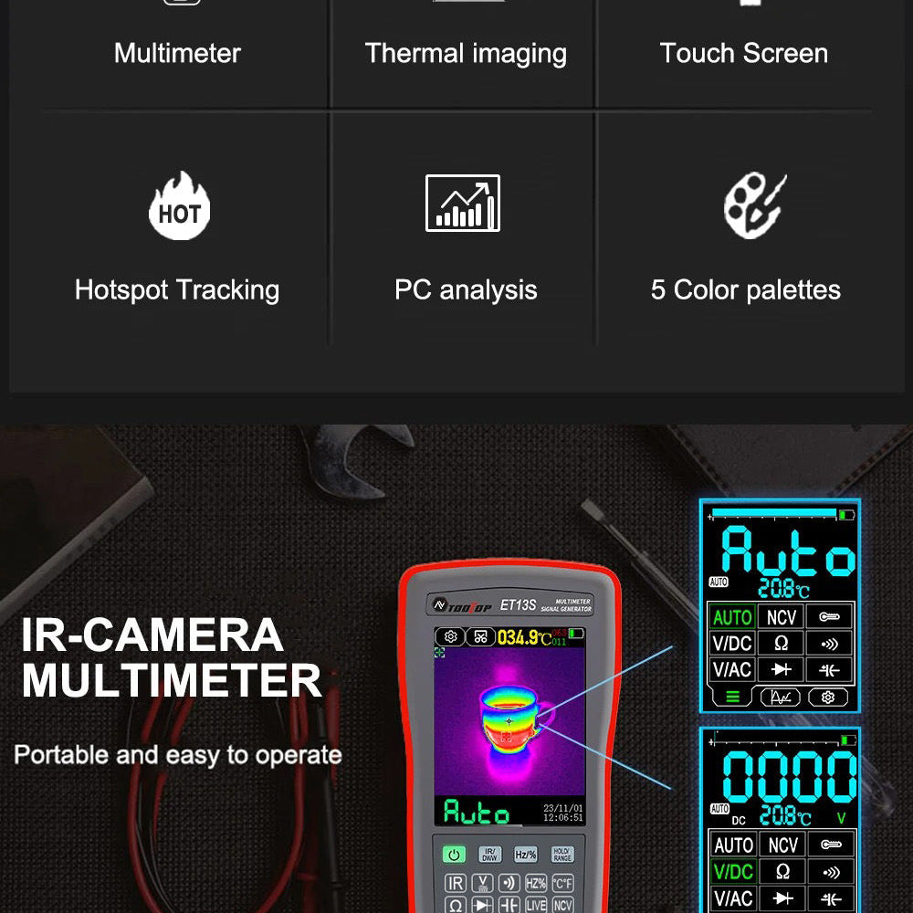 
                  
                    2 in 1 thermal imaging and multimeter unit with touchscreen and hotspot tracking, featuring PC analysis and 5 color palettes.
                  
                