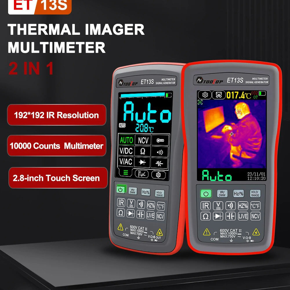 
                  
                    2 in 1 thermal imaging and multimeter unit with 2.8-inch touch screen, dual display showing thermal imaging and multimeter functions.
                  
                