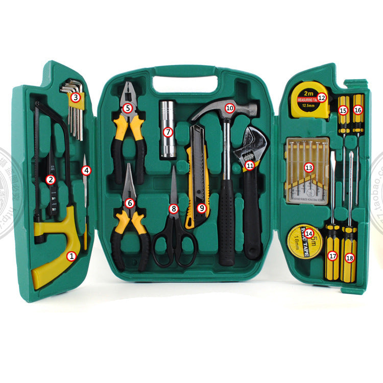 
                  
                    27-piece car emergency tool kit with essential repair tools in a green case.
                  
                