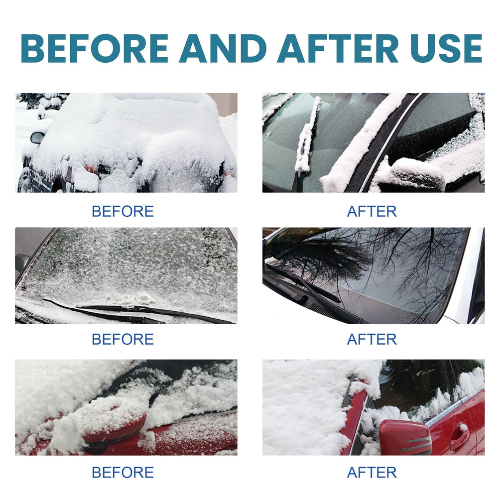 
                  
                    Before and after use of windshield de-icing spray on snow-covered car windows.
                  
                