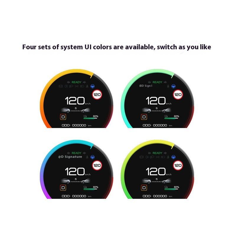 Tesla Model 3 and Y digital heads up display with four UI color options displayed.