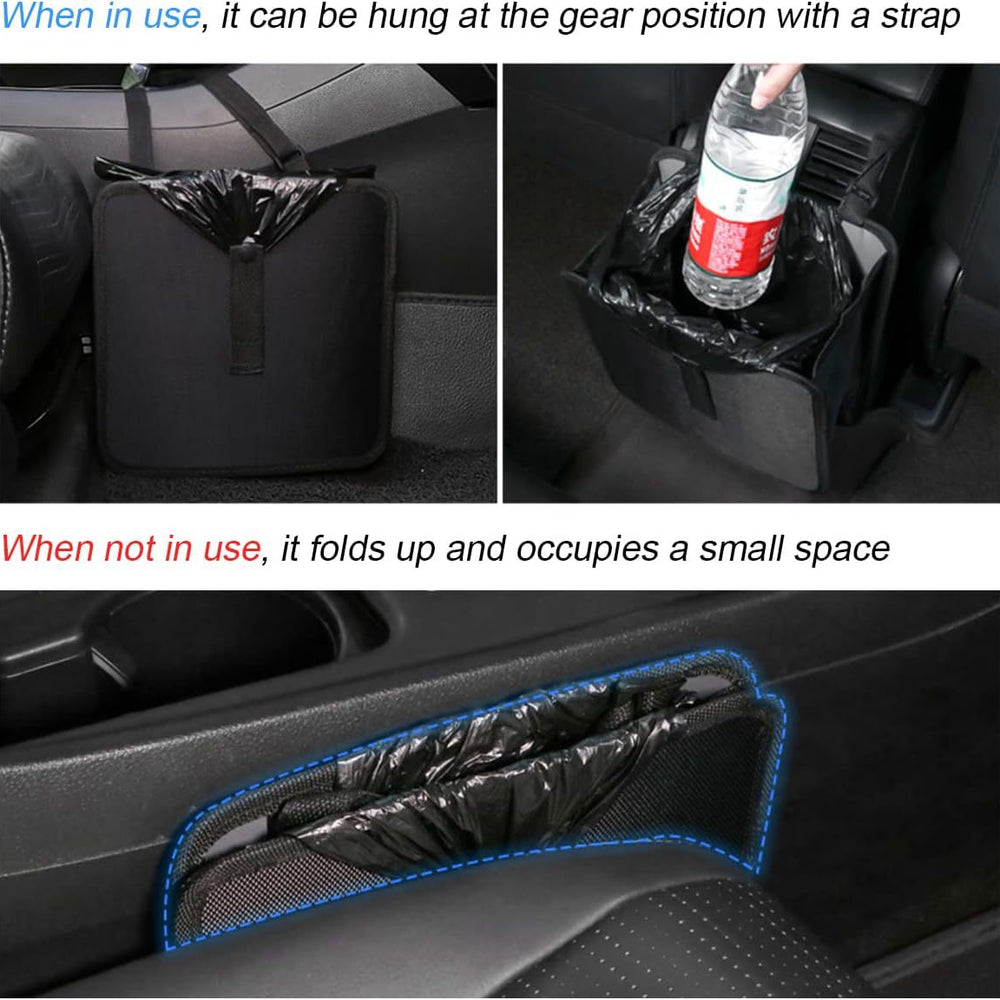 
                  
                    Large black waterproof folding rear seat trash can in use and folded away in car.
                  
                