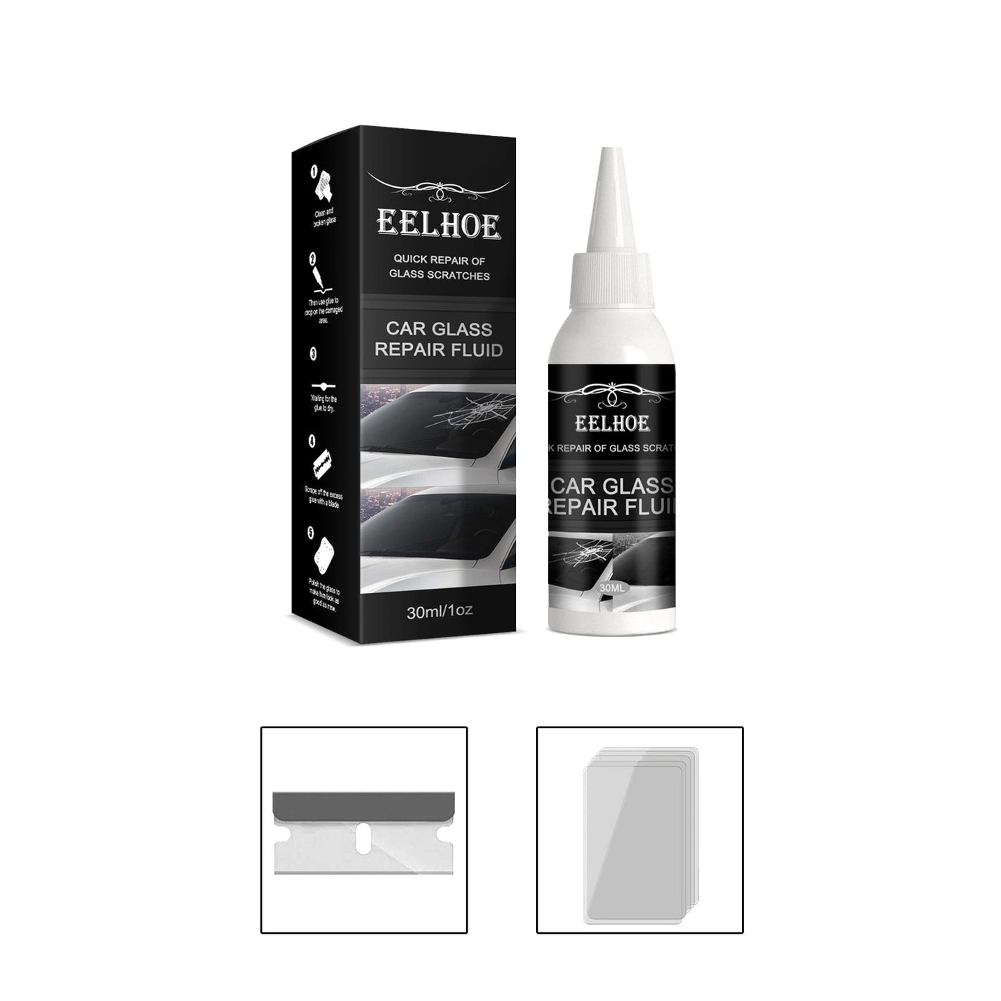 Automotive glass repair adhesive kit, 30ml bottle for fixing broken or scratched car glass.