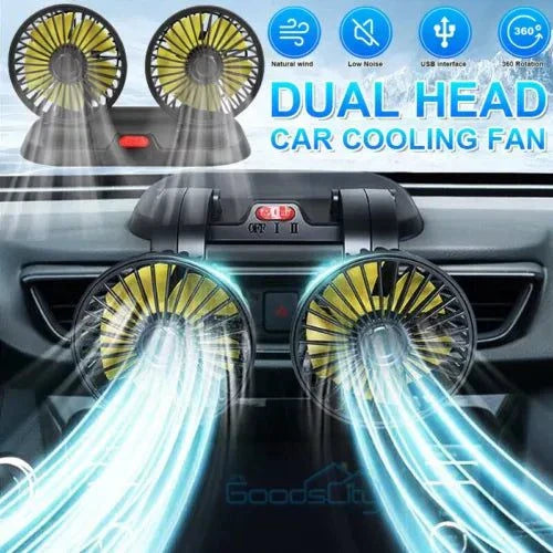 12V/24V dual head dashboard cooling fan with 360° rotation and USB compatibility, perfect for cars.