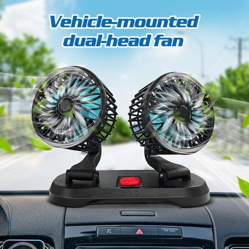 
                  
                    Vehicle-mounted dual-head cooling fan on dashboard, 12V/24V, black plastic, dual speed, 360-degree rotation.
                  
                