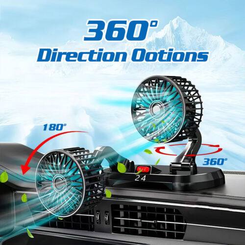 Dual head dashboard cooling fan with 360-degree rotation options placed on a car dashboard.