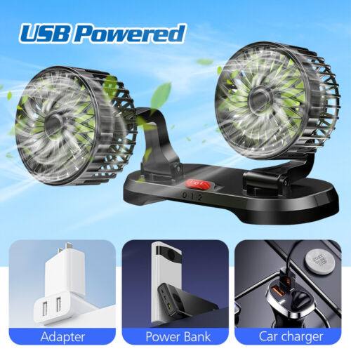 
                  
                    Dual Head Dashboard Cooling Fan with USB power options for car, adapter, and power bank use.
                  
                