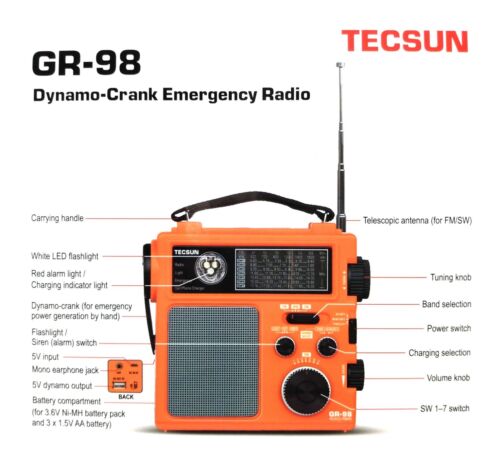Tecsun GR-98 hand crank DSP emergency radio with flashlight and AM/FM shortwave bands.
