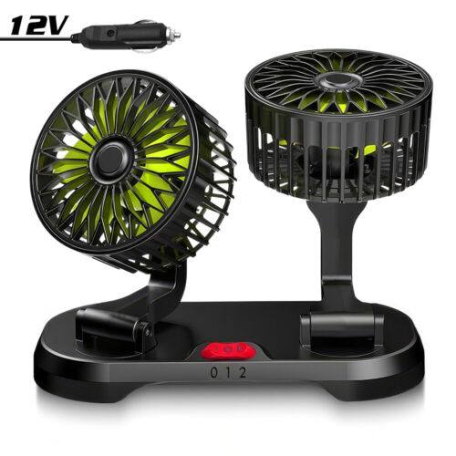 
                  
                    12V/24V Dual Head Dashboard Cooling Fan with 360° rotation and two-speed settings for vehicle use.
                  
                