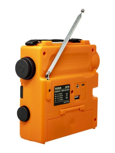 
                  
                    Tecsun GR-98 emergency radio with hand crank, flashlight, and antenna.
                  
                