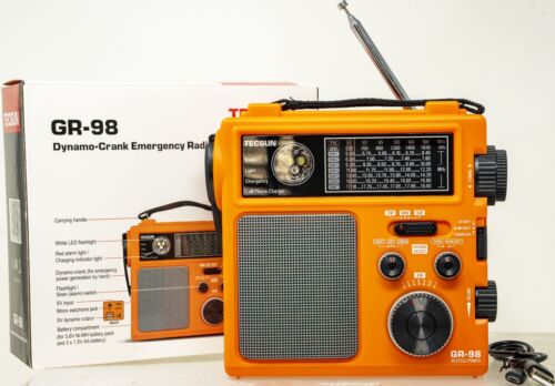 
                  
                    Tecsun GR-98 emergency radio with hand crank, DSP, AM/FM/shortwave bands, flashlight, and rechargeable battery.
                  
                