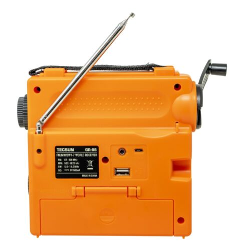 
                  
                    Tecsun GR-98 Hand Crank DSP AM FM Shortwave Emergency Radio with Flashlight in orange color.
                  
                