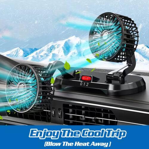 
                  
                    12V/24V dual head dashboard cooling fan with blue airflow, mounted on car dashboard with snowy background.
                  
                