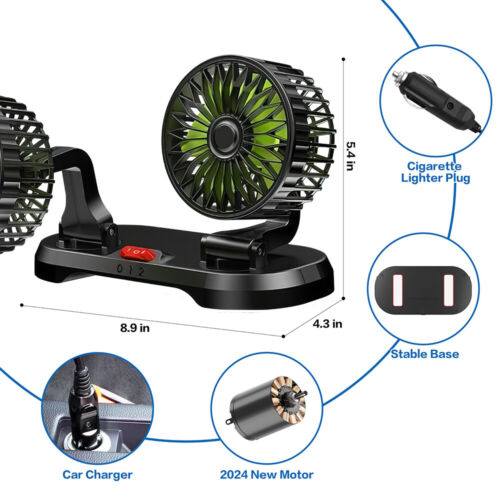
                  
                    12V/24V Dual Head Dashboard Cooling Fan with car charger and cigarette lighter plug.
                  
                