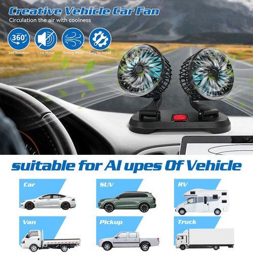 
                  
                    Dual head dashboard cooling fan for cars and vehicles, 360-degree rotation, black.
                  
                
