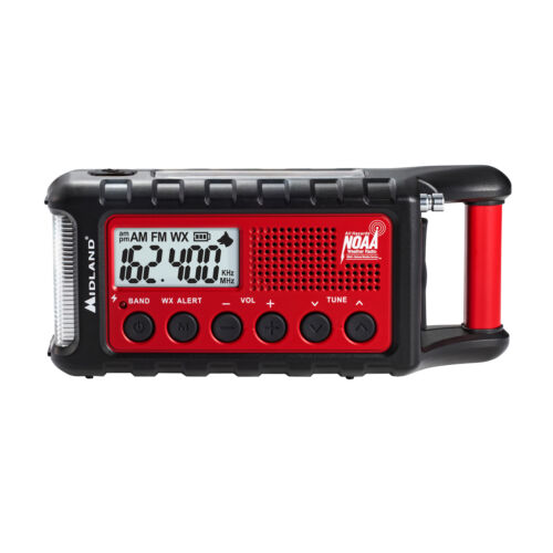 Midland ER310 emergency hand crank radio with flashlight and NOAA weather alert.
