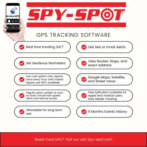 
                  
                    SpySpot GPS vehicle tracker features and benefits listing.
                  
                