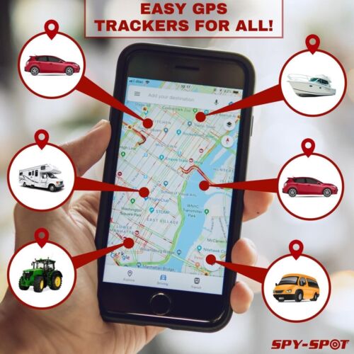 
                  
                    Hand holding a smartphone displaying a GPS tracking app with various vehicles pinpointed, promoting easy GPS trackers by Spy Spot.
                  
                
